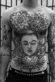dada dan perut sekolah tua berwarna patung Buddha dan pola tato van Gogh