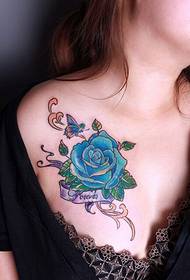 Sexy Chest Blue Rose Tattoo