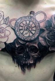 crânio de peito e relógio rosa tatuagem padrão