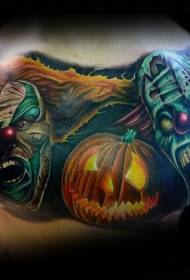 modello di tatuaggio di mostri e zucca colorati stile paglia illustrazione torace