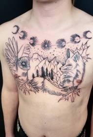 chest line fox owl mountain stars and leaves tattoo pattern