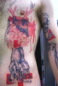 colore del petto misterioso lupo testa mano casa modello tatuaggio