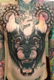 old school mysterieuze duivel wolf hoofd en vanille bloem tattoo patroon