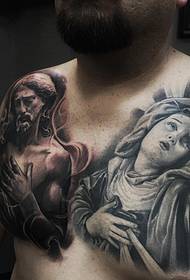 poitrine européenne et américaine réaliste tatouage d'image Jésus et Madone 53437 - tatouage de poitrine personnalité paume