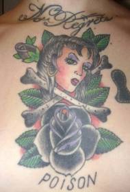 ponios portretas juoda rožė Krūtinės tatuiruotės modelis