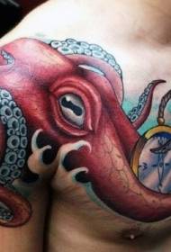 petto grande polpo rosso e motivo tatuaggio bussola