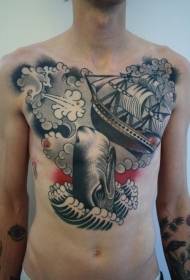 patró de tatuatge al pit amb un vaixell de balena