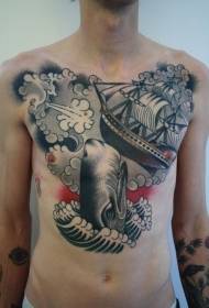 patrón de tatuaje de pecho de aerosol de nave de ballena
