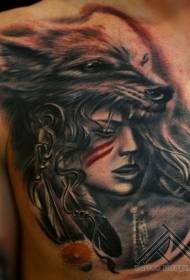 لون امرأة الصدر مع نمط الوشم الذئب خوذة