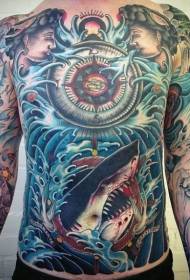 enorme squalo colorato a tema nautico e motivo tatuaggio bussola
