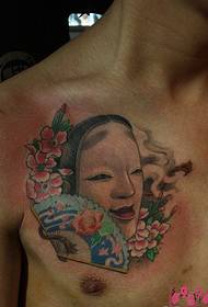 Мужская грудь гейши сакуры веера татуировка фото