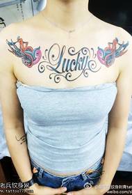 shoulders chest double swallow English flower tattoo pattern