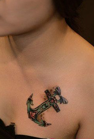 girl color personality anchor chest tattoo