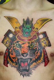 мужская грудь властная татуировка тигра и головы единорога