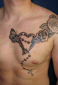 Men's chest heart-shaped cross rose tattoo