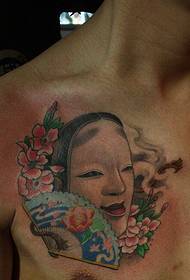 արական կրծքավանդակի geisha բալի ծաղկեփնջերի երկրպագու դաջվածք