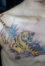 kifua cha wanaume chini ya muundo wa tattoo ya tiger ya mlima