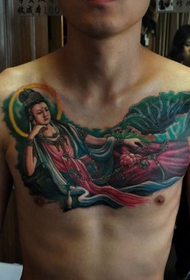 Tetas de los hombres gran patrón de tatuaje de chica Guanyin compasivo