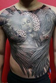 the entire chest is covered with alternative totem tattoos