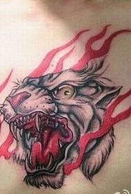 domineering male chest cool flaming tiger head tattoo picture