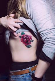 girl side chest red rose tattoo picture