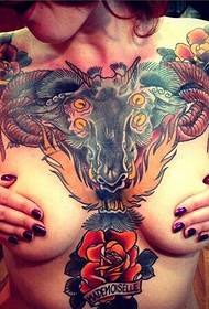 sexy girl chest beautiful big bull head flower tattoo picture