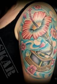 modèle de tatouage phonographe fleur fleur couleur épaule