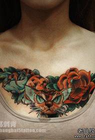 女の子の胸猫のバラのタトゥーパターン
