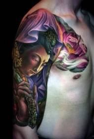 Mga tunga nga kolor nga estatwa ni Buddha nga adunay sumbanan nga tattoo sa lotus