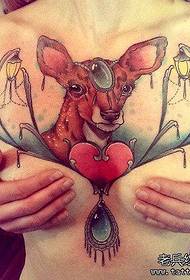 Women's chest color deer tattoo works