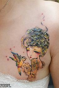 胸の色の女の子のツバメのタトゥーパターン