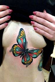 Slika seksi ženskega prsnega koša lepo videti barvna metulja tatoo