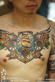 super velký barevný mořský námořník velký květ tetování vzor 56894 - hrudník černá šedá sova tetování vzor