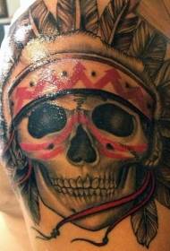 disegno del tatuaggio teschio indiano e piuma colore grande braccio