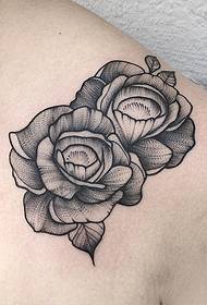shoulder European and American black gray line prick flower tattoo pattern