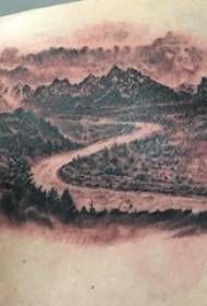 seuns skouer tatoo swart en wit grys styl tatoeëring steek truuks landskap tatoeëring landskap prentjie