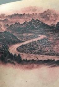 Jongen Schëller Tattoo Schwaarz a Wäiss Grau Stil Tattoo Brick Tricks Landschaft Tattoo Landschaftsbild