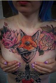 女胸個性好看的狐狸牡丹紋身圖案圖片