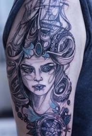 obojena skica olovke vjetrena boja žene s kormilom jedrilice Tattoo uzorak