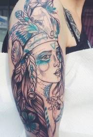 ragazza indiana in stile schizzo grande braccio con motivo a tatuaggio piuma
