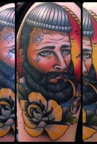 shoulder old-style color smoking sailor portrait tattoo pattern