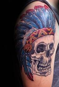 Big arm typical old-fashion style colored Indian skull with feather tattoo pattern