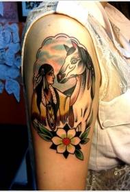 shoulder old school color Indian girl with Horse tattoo pattern