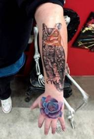 Chouette hibou avec bras sur hibou et photo de tatouage rose