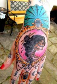 Prostitute tattoo pattern in the mirror on the back of the hand