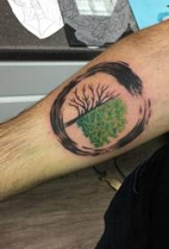 गोल आणि मोठ्या झाडाच्या टॅटूच्या चित्रावर टॅटू मुलाचा हात लावा