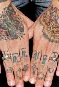 Two hand back different butterfly tiger finger english tattoo pattern