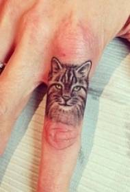 Dito della ragazza sull'immagine super realistica del tatuaggio del gatto 3d di tecnica di puntura di schizzo nero
