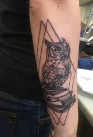 Сова татуировка илюстрация момче ръка на ромб и татуировка сова снимка