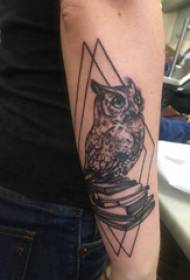 Illustrazione del tatuaggio del gufo braccio del ragazzo sull'immagine del tatuaggio rombo e gufo
